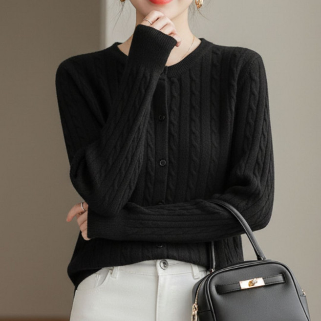 YEON HOME 여성 꽈배기 니트 라운드 가디건 데일리