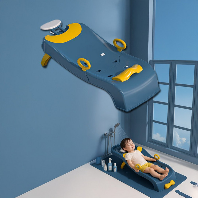 다기능샴푸의자 블루색 유아 어린이용 베이비댐 인체공학 접이식구조 미끄럼방지 샴푸세면대미포함, 1개
