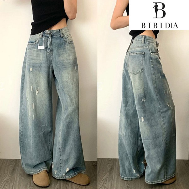비비디아 여성용 하이웨스트 디스트로이드 롱와이드 데님팬츠 데일리 통넓은 청바지 5521