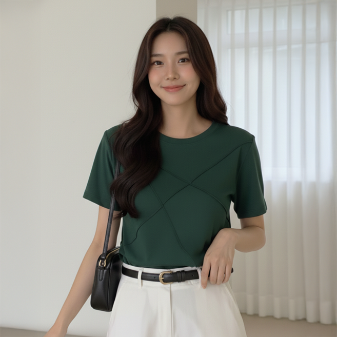 데일로엔 여성 여름 데일리 사선 라운드 넥 슬림핏 반팔 티셔츠