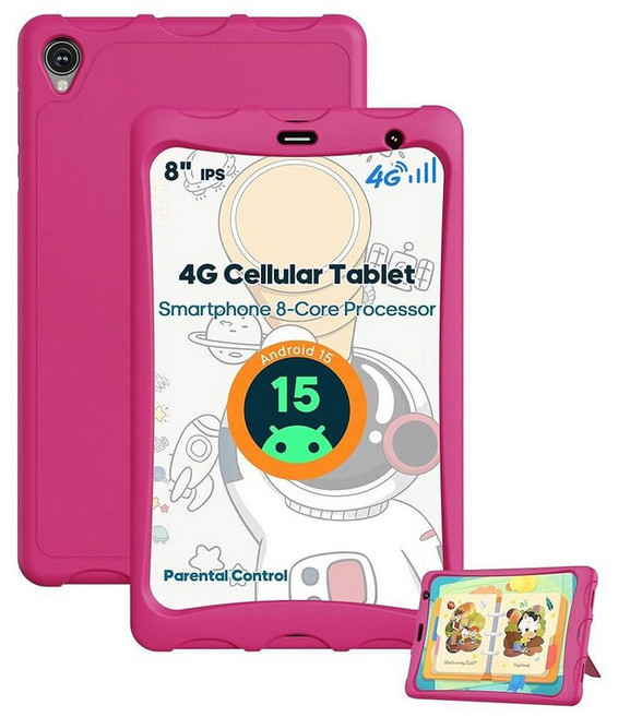 8인치 4G LTE 안드로이드 태블릿 보호 케이스 포함 SIM 슬롯이 있는 언락 12GB RAM 64GB 저장 공간 2TB까지 확장 가능 MediaTek 옥타 코어 IPS 디스, Pink