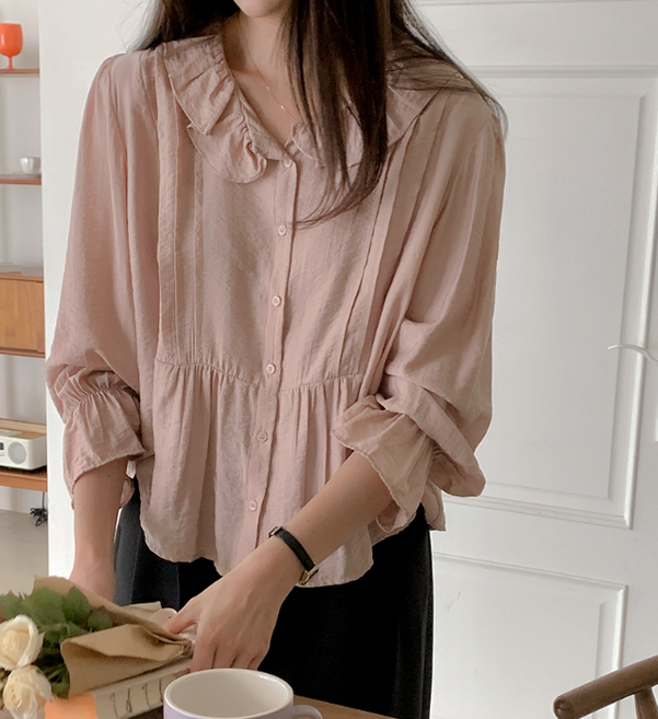 여리핏 프릴 카라 핀턱 플리츠 셔링 러플 레이온 숏 셔츠 블라우스 핑크 흰색 하객