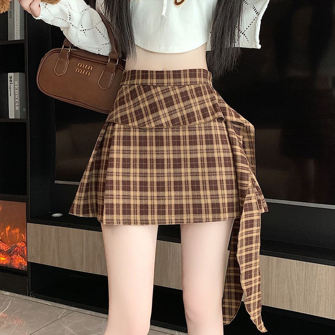 Makone 여성 치마 허리 프릴패치 하이웨이스트 A라인 체크 빈티지 코디 미니 스커트 엘리강스 패션