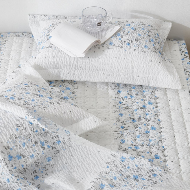 여름 쿨링 냉감 시어서커 고정밴드형 꽃구름 피톤치드 침대 패드 슈퍼싱글 SS 퀸 Q, 블루