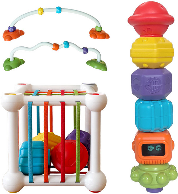 베베코지 아기 소근육 발달 장난감 도형 끼우기 고리, 1개, 레인보우