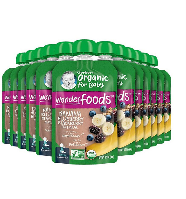 거버 2단계 이유식 바나나 블루베리 블랙베리 오트밀 퓨레 Gerber Organic Baby Food Pouches, 1개, -