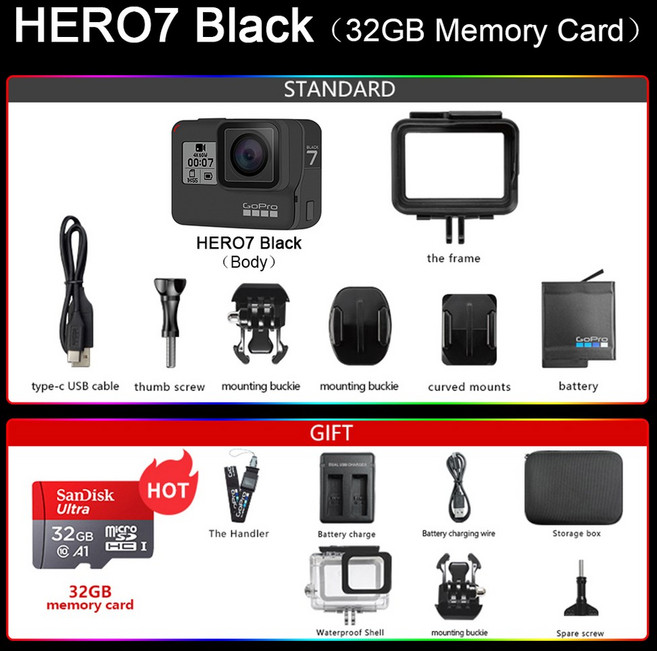 고프로 HERO7 블랙 액션 카메라 히어로 7 정품 4K 울트라 HD 사진 촬영 전문 스포츠, HERO7 Bla 32GB