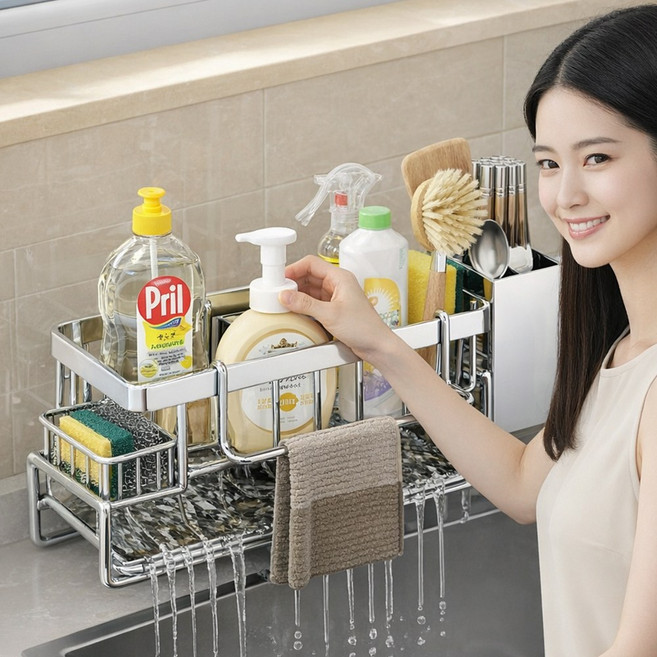 304 스테인레스 물빠짐 수세미 거치대 디스펜서 + 수저통, 1개