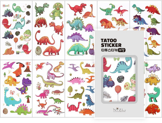 니즈엘 KC인증 어린이 타투스티커 캐릭터 문신 판박이 10장세트, 1개, 11. [C]타투(공룡1-10장)