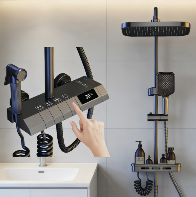 해바라기 샤워기 세트 4단 조절 가능 수온 표시 선반형 수납 가능한 스마트 샤워기 세트, 그레이, 1세트
