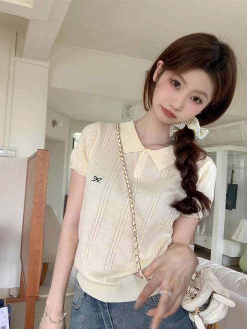 刺繡小蝴蝶結短袖針織衫 高質感豎紋麻花薄款純色翻領上衣女
