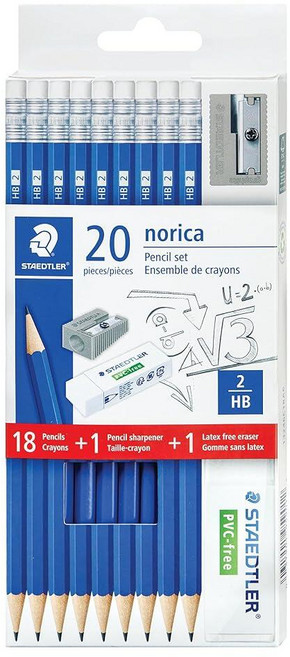 정품++ 스테들러 STAEDTLER Norica #2 HB 나무 케이스 연필 세트: 미리 깎은 흑연 18개 지우개 1개 및 샤프너 1개 파손 방지 심 쓰기 드로잉용 블루, 1 Count (Pack of 20), 18 Pencils + Accessories