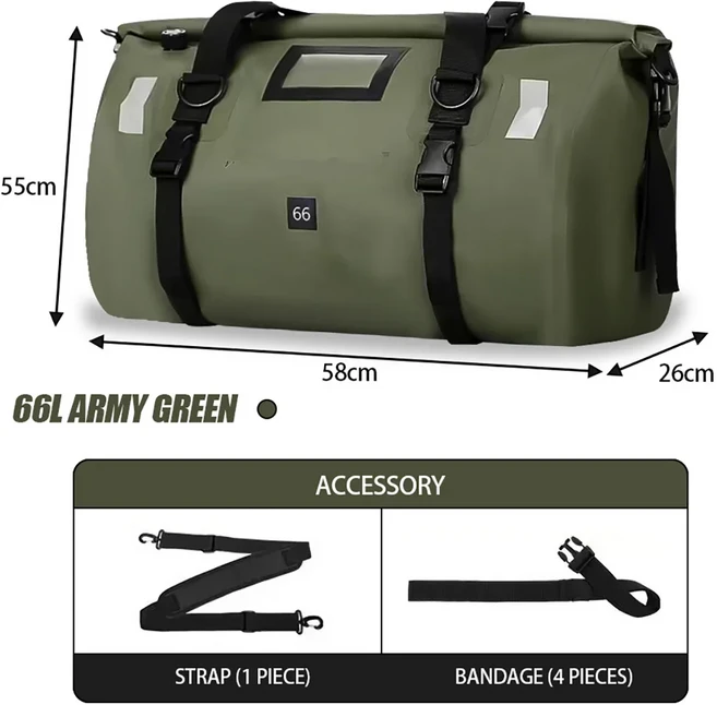 오토바이 바이크 킥보드 가방 범용 방수 백 뒷좌석 사이클링 캠핑 여행 스쿠터 캐리어 러기지 팩 66L 40L, 66L Green NO Logo