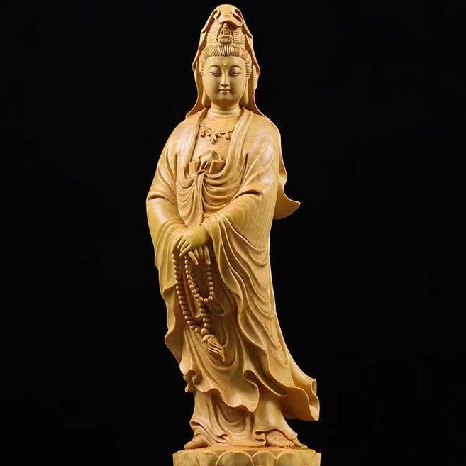 貝貝 觀音神像 木雕佛像 保平安 崖柏木家用供奉擺件, 崖柏木精雕念珠觀音12公分