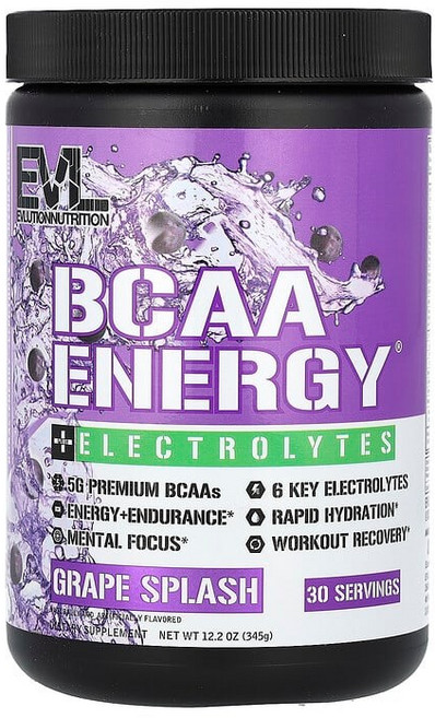 EVLution Nutrition BCAA 에너지 플러스 전해질 그레이프 스플래시 345g(12.2oz) EVL-02884, 1세트, 345g