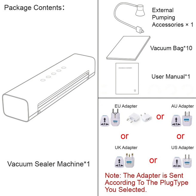 샤오미 미지아 진공기 기계 건조 및 습기 모드 외부 시스템 식품 실러 70kPa 흡입 10 백, 01 US Adapter, 01 220V, 01 US Adapter