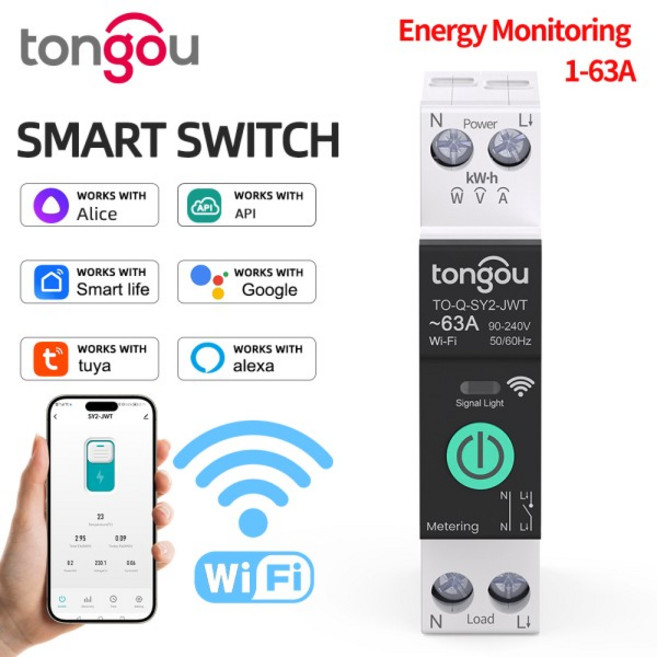 TUYA WiFi 스마트 회로 차단기 과전류 저전압 보호 전력 측정 1-63A 무선 원격 제어 스위치 TONGOU, 01 1-63A adjustable, 1개