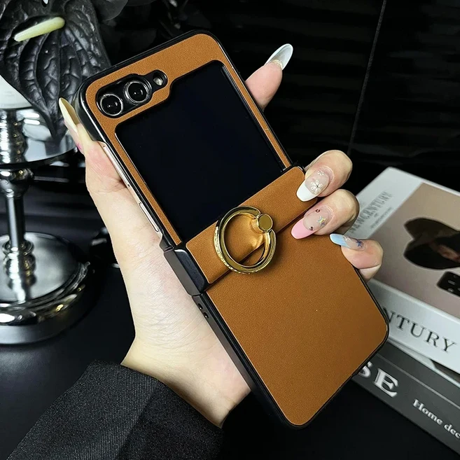 삼성 갤럭시 Z 플립 7 6 5 Flip7 PU 가죽 하드 쉘 보호 폰 케이스 링 홀더 충격 커버, 03 Galaxy Z Flip7, 03 Brown