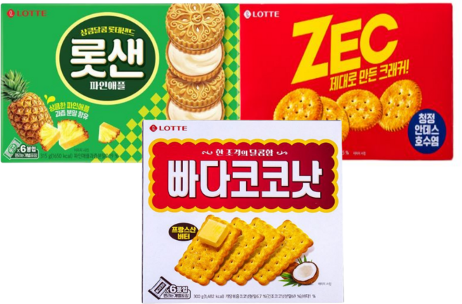 롯데웰푸드 인기비스켓 대용량 3종세트 (롯데샌드315g 제크 300g 빠다코코낫 300g), 1세트, 915g