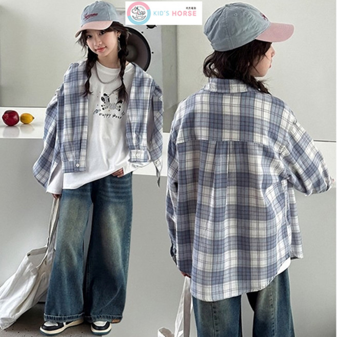 키즈목마 여아 체크셔츠 봄 가을용 주니어 아동 자수셔츠 봄 긴팔 아우터863