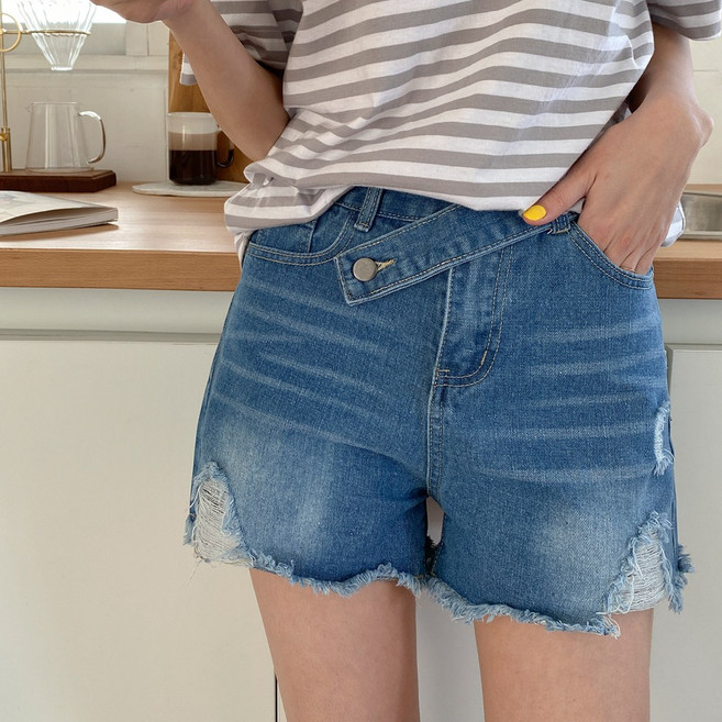 잇진 여성 하이웨스트 사선벨트 워싱 청반바지