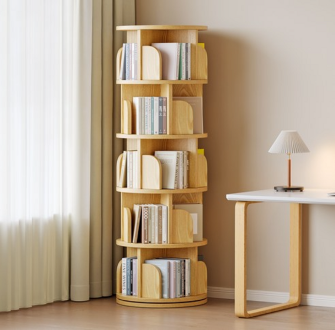 KURUA 학생 대용량 원형 책장 거실 서재 회전형 책꽂이, 오크, 5단
