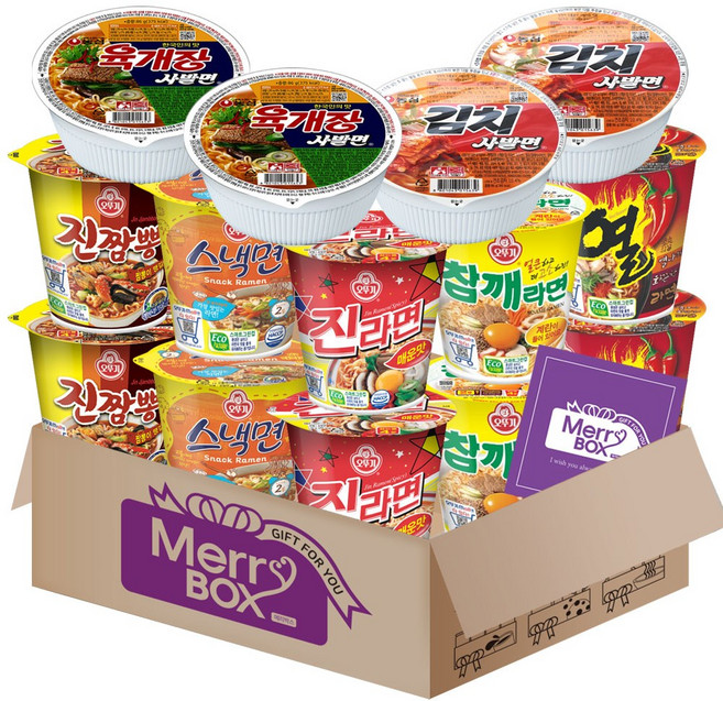 [메리박스] 소컵라면 세트12호 {진라면매운맛+열라면+진짬뽕+스낵면+참깨라면+육개장사발면+김치사발면} 각2개씩+메세지카드, 1박스
