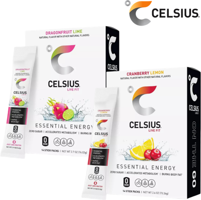 [CELSIUS] [1+1] 셀시어스 히트 워터 제로슈가 드래곤프루트 라임 맛 14개입 + 크랜베리 레몬 맛 14개입 운동 에너지 드링크 파우더 Energy Drink Mix