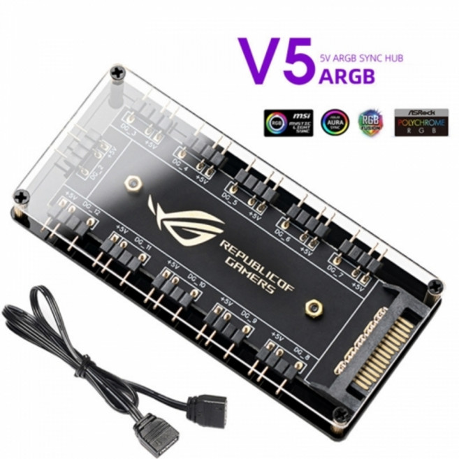 ARGB 허브 5V 3핀 11포트 - 메인보드 ARGB 싱크 지원 - SATA 전원 연결 - ROG 디자인