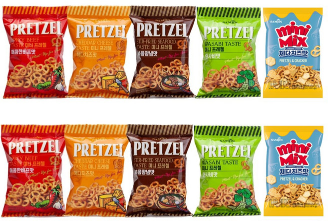 미니 프레첼 매콤한비프맛 85g x 2p + 와사비맛 85g x 2p + 볶음양념맛 85g x 2p+ 체다치즈맛 85g x 2p + 미니믹스 체다치즈맛 85g x 2p 세트, 1세트