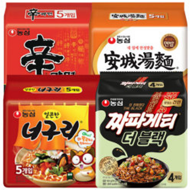 농심 신라면 5입+ 안성탕면 너구리 짜파게티 더블랙 4입 (19입), 19개