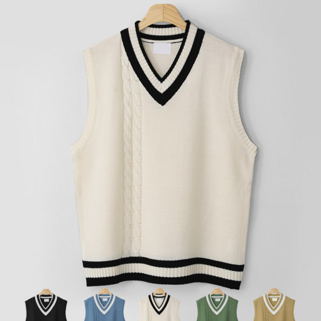 사이드 꽈배기 브이넥조끼 (MDKN555MT)