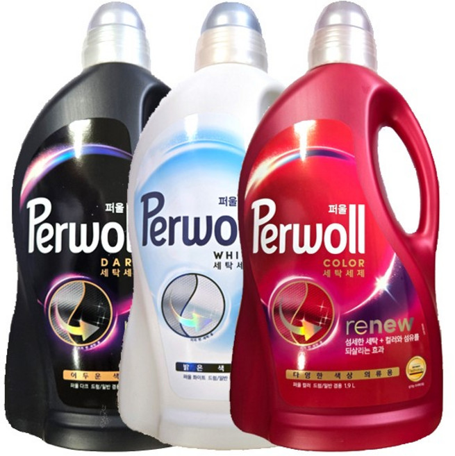 퍼울 세탁세제 다크+화이트+컬러 / 어두운 의류용 컬러세탁 섬유 회복세제 -T.C, 3개, 1.9L