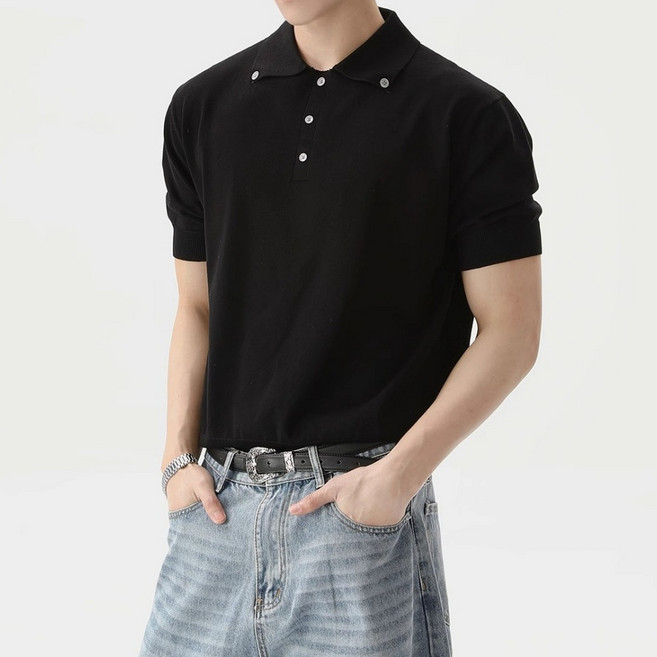 스타일닥터 여름 남자 티셔츠 가벼운 니트 폴로 반팔티 포인트 칼라 오버핏 데일리 상의