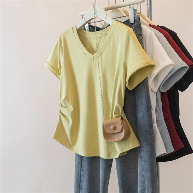 VEZRI 여성 여름 빅사이즈 V넥 정숄더 반팔 티셔츠 허리라인 잡아주는 슬림핏 배꼽커버 디자인 심플 상의