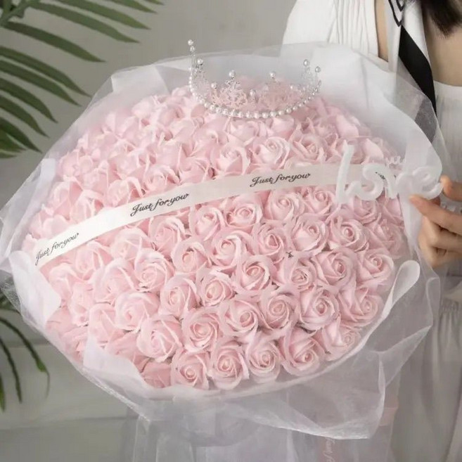 99朵香皂玫瑰花束 永生花 禮物, 1個, 99朵M白粉玫瑰贈送浪漫燈串+皇冠