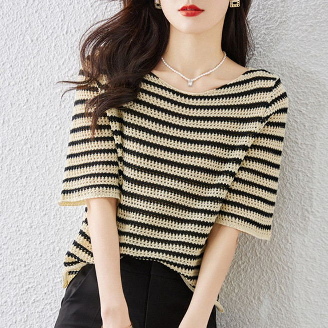 천하오 그물니트 라운드 반팔티 여성 스트라이프 티셔츠 L1295