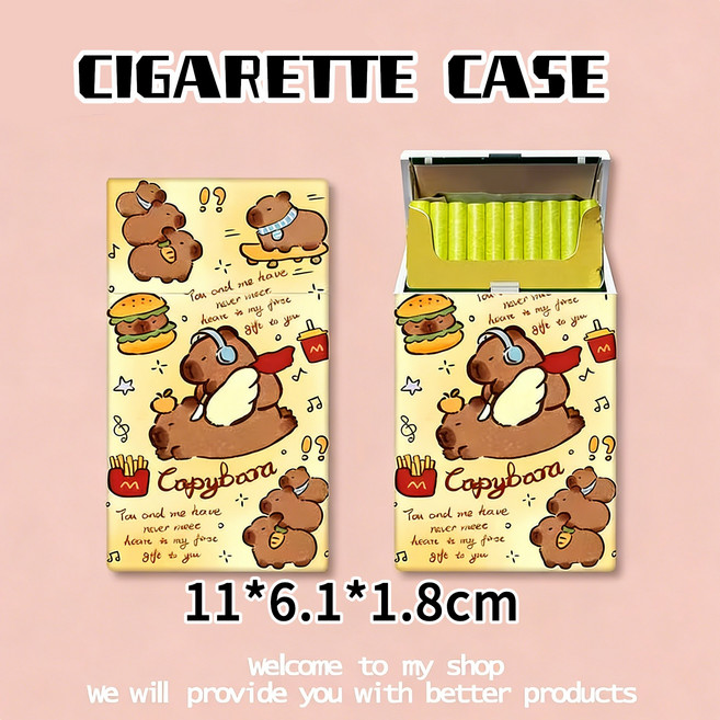 卡通圖案香菸盒 菸收納盒 便攜 粗細 多圖可選 香菸盒 11*6.1*1.8cm, 卡皮巴拉-細支, 1個