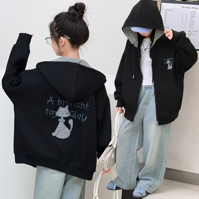 비비키드 여아 봄 가을 영문 레터링 고양이 캐릭터 후드집업 초등생 긴팔 외투 상의 초중생 주니어 점퍼 (2601)