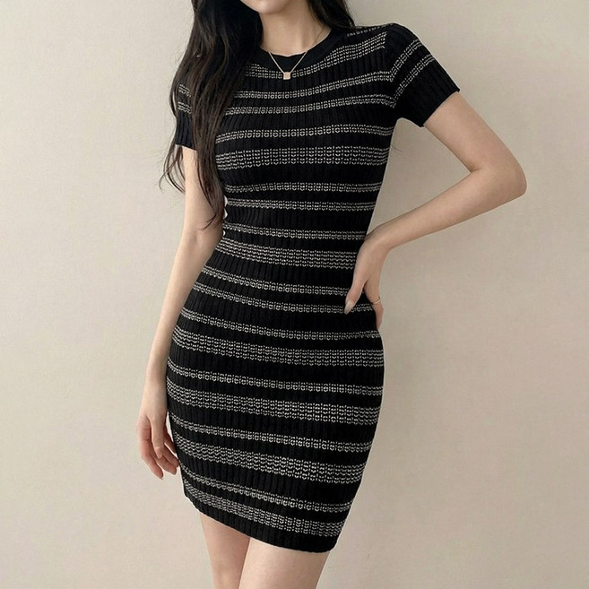SOSISI 여성 니트 원피스 라운드넥 반팔 힙업 스커트 20283