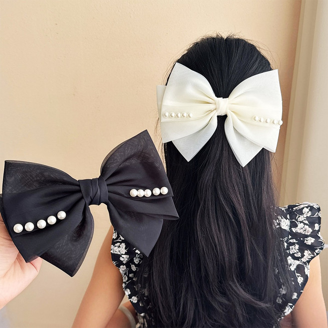 진주 리본 머리핀 공주 기품 머리장식 머리장식 고급감 뒤통수 스프링클립 여자 오건사 머리핀