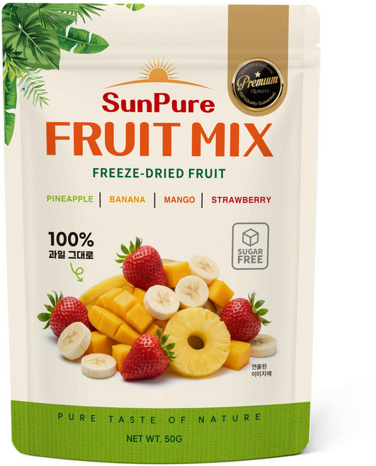 썬퓨어 유기농 무설탕 고급 동결 건조 과일 믹스칩 (딸기15g/망고15g/파인애플10g/바나나10g), 3개, 50g
