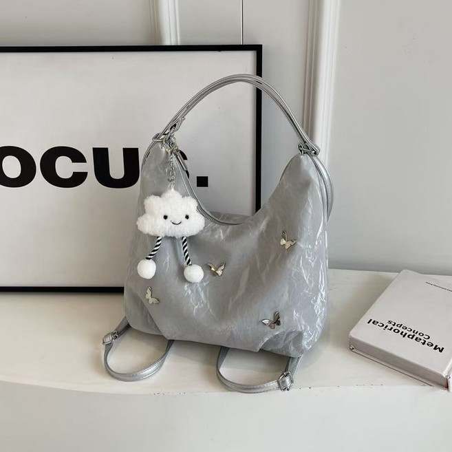 簡約高級感包包 韓系 新款時尚雙肩後背包 多用單肩水桶托特包 大容量女包學生後背包, 銀色【加厚升級版】,單獨包包