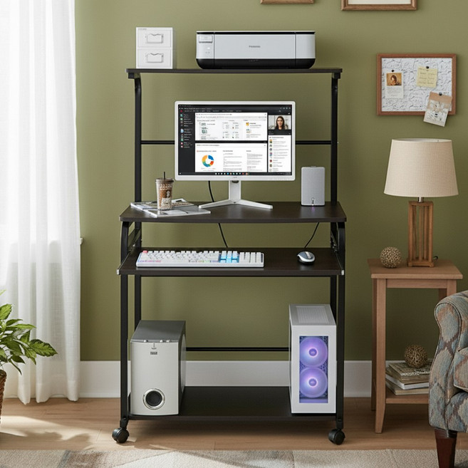 1인용 컴퓨터 책상 800 2단 철제선반 좁은공간활용 이동식 데스크, 월넛