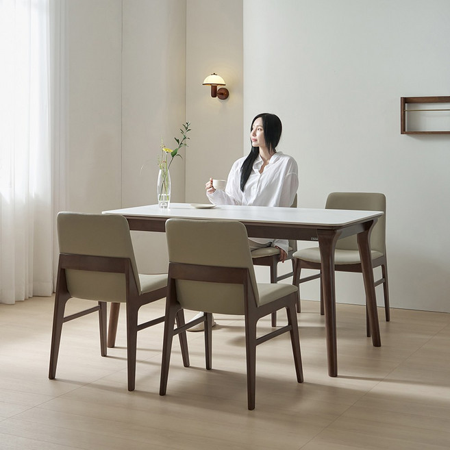 루나 포세린 세라믹 원목 4인 식탁세트 1400 의자형 IKLN1B, 베이지, 식탁+B형의자 4개