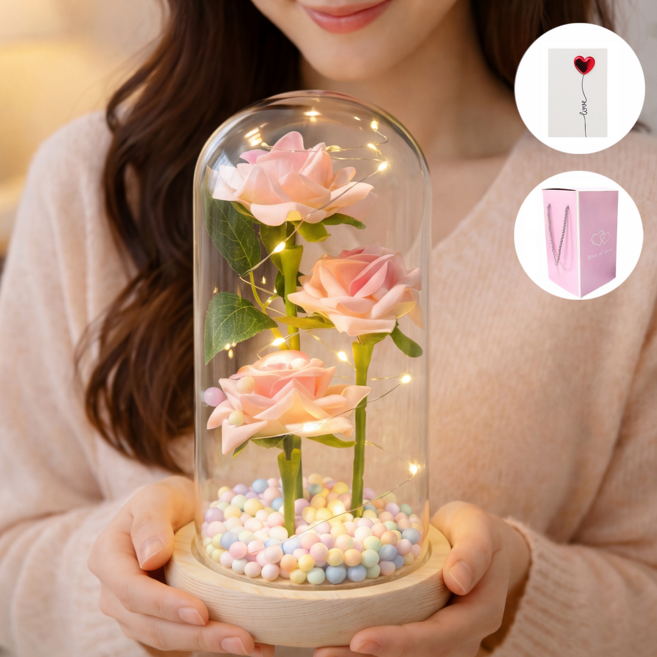 Norvee 유리돔 조화 장미 플라워 무드등 발렌타인데이 어버이날 감성 선물 귀여운 카드 포함, 핑크