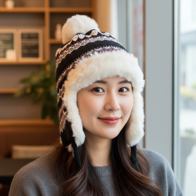 디엠피 노르딕 여성 군밤모자 털모자 패턴니트모자
