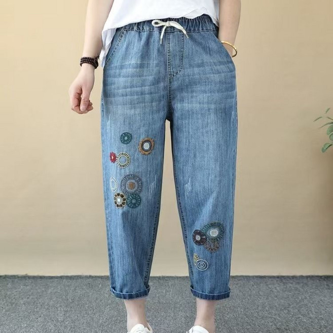 여성용 여름 빅사이즈 루즈핏 얇은 자수 데님 팬츠 캐주얼 밴딩 8부 배기 청바지26dgsh03LL