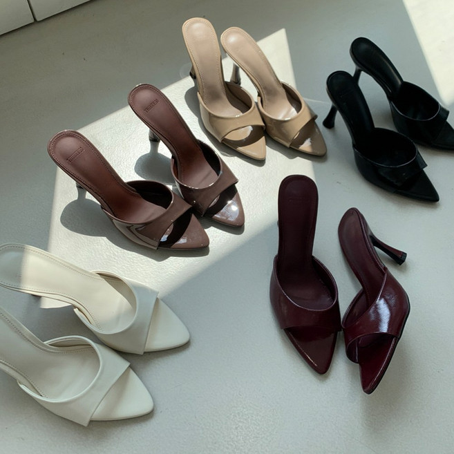 소가죽 토오픈 뮬슬리퍼 스틸레토 뮬 샌들힐 8cm