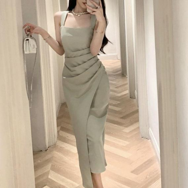 氣質名媛 方領褶皺吊帶連衣裙女修身包臀一步長裙, 綠色,L